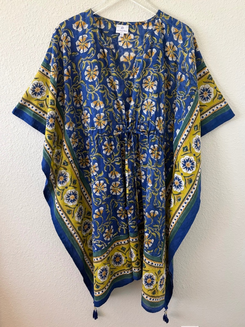 Pax Philomenia Morning Glory Floral Short Kaftan Dress One Size Blue Yellow